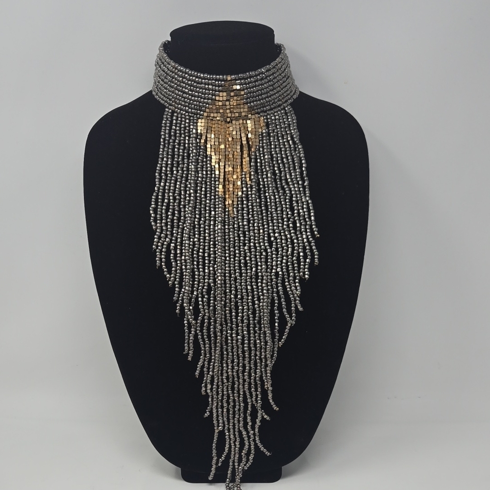 Silver and Gold Beaded Necklace with Fringe and Centerpiece
